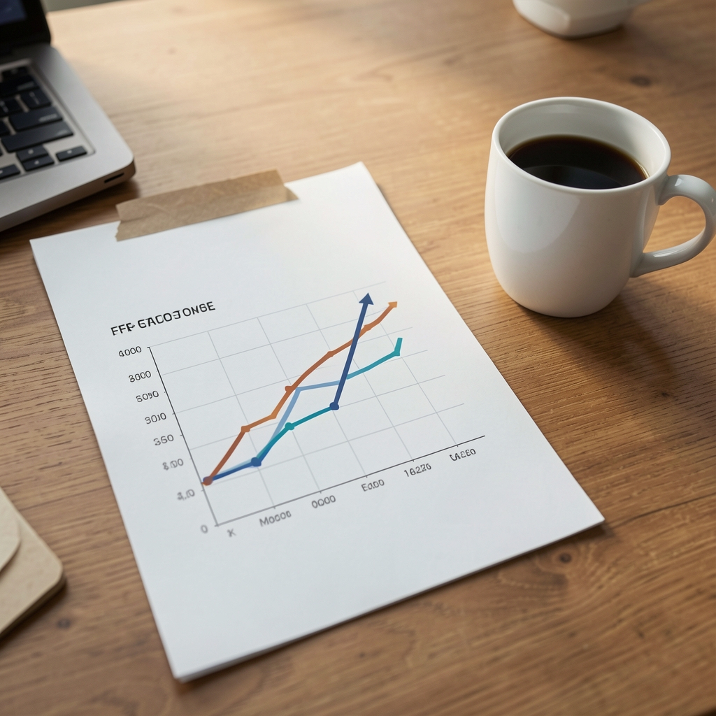 Gráfico impreso de flujo de efectivo mensual con líneas ascendentes y descendentes sobre un escritorio junto a una taza de café