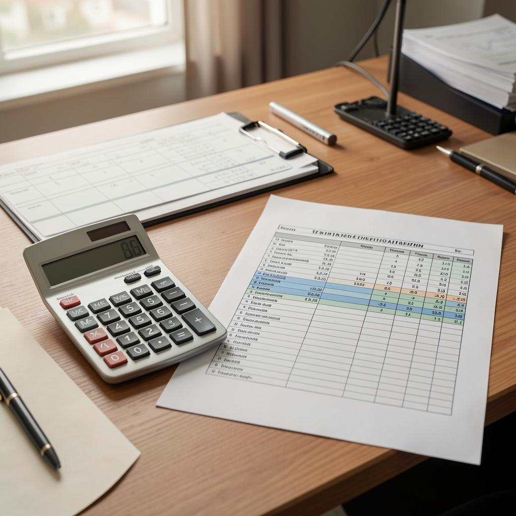Calculadora de escritorio y hoja impresa con tablas de ratios financieros junto a un balance impreso sobre un escritorio de oficina