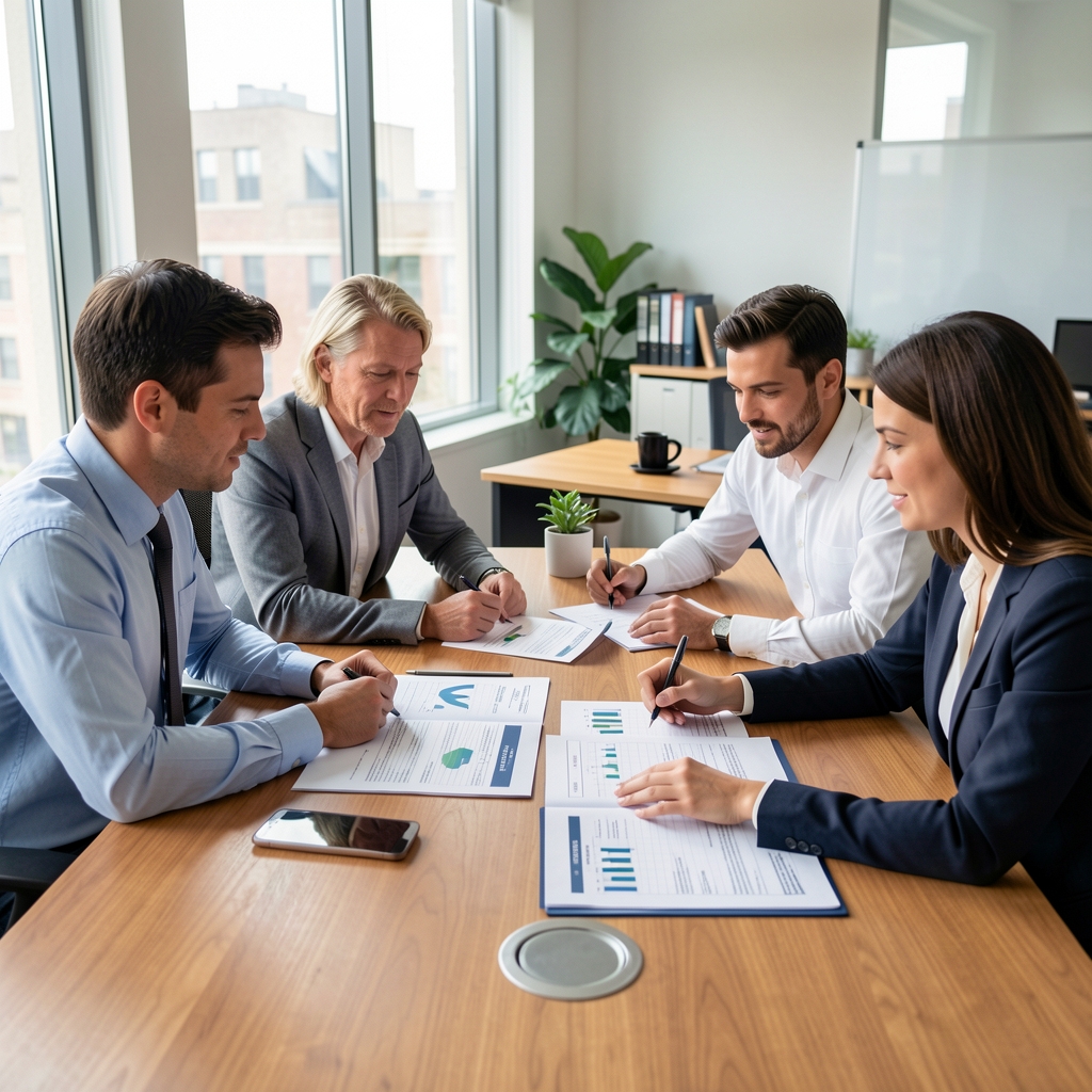 Equipo de cuatro profesionales reunidos alrededor de una mesa de madera revisando planillas impresas de balances y estados financieros en una oficina luminosa