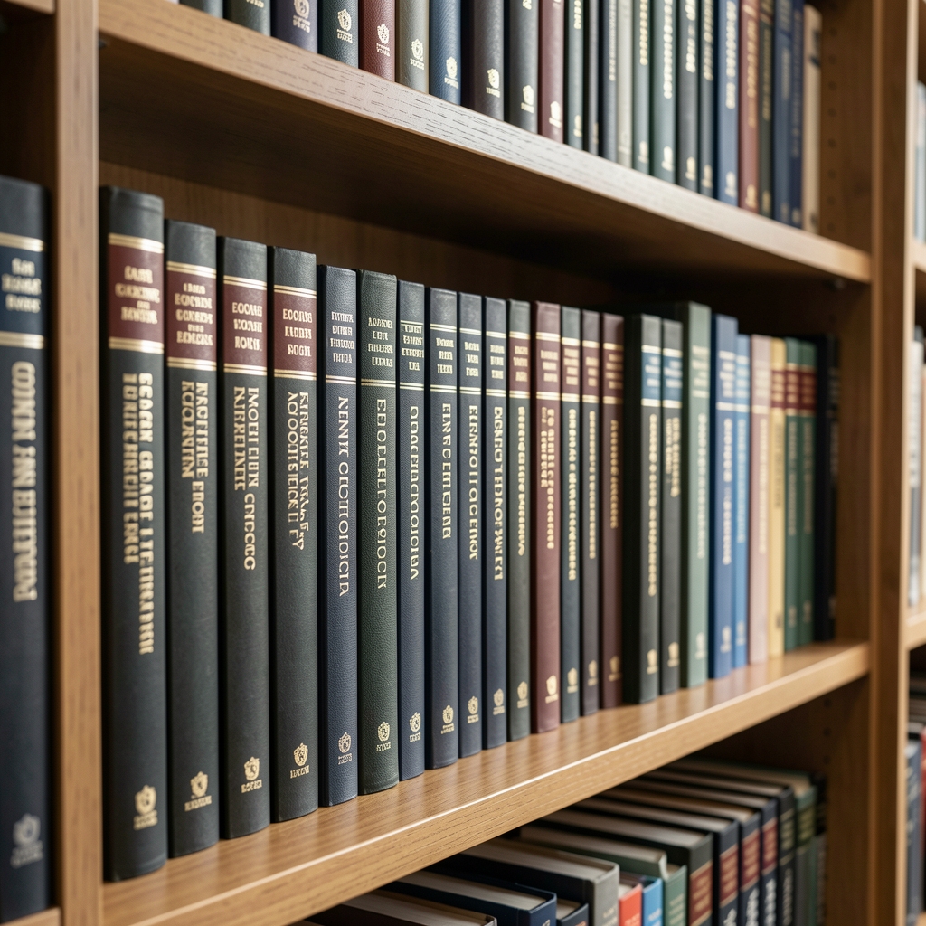 Estantería de biblioteca con libros de contabilidad, economía y finanzas ordenados en fila con lomos visibles en tonos oscuros