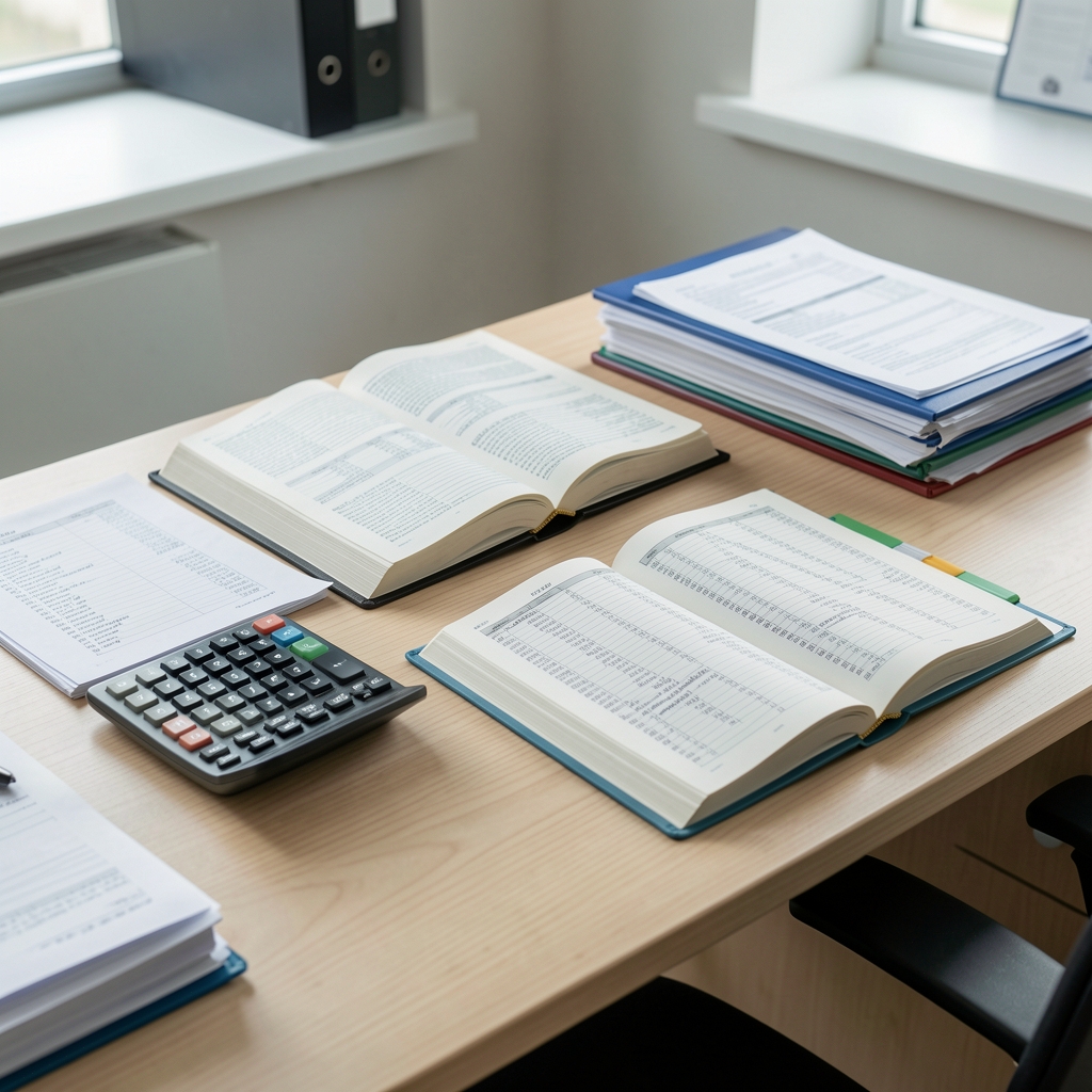 Escritorio de oficina contable con libros de contabilidad abiertos, calculadora y carpetas de balances ordenadas sobre una mesa de madera clara
