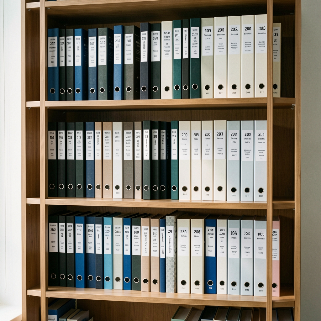 Estantería de oficina con libros contables y carpetas de normativa profesional ordenados por año sobre repisas de madera