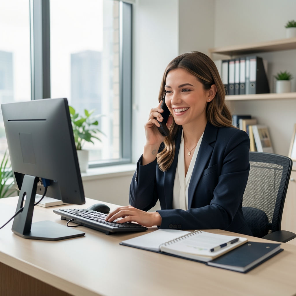 Recepcionista sonriente atendiendo el teléfono en un escritorio de oficina moderna con computadora y agenda, ambiente luminoso